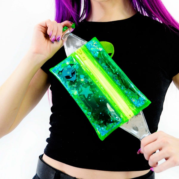 Liquid Glitter Fanny Pack - Out of this World - Concert Bag - Alien Bag - UFO Purse - Neon Green Purse - Jelly Bag - Festival Bag - Galaxy