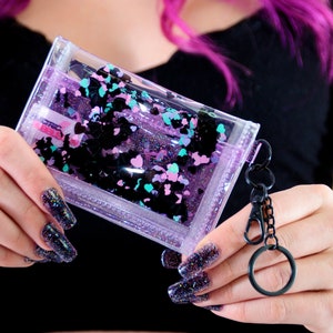 Liquid Glitter Tiny Wallet - Nocturnal Hearts - Clear Wallet - Plastic Wallet - Bat Wallet - Heart Wallet - Cardholder - Pastel Wallet