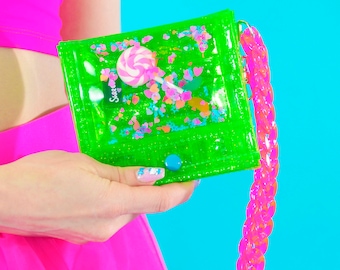 Mini Wristlet Wallet Liquid Glitter - I Want Candy - Jelly Wallet - Kawaii - Cute Wallet - Fashion Wallet - Candy Land - Lollipop - Green