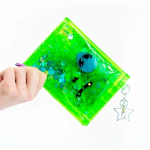 Liquid Glitter Mini wallet - Out of this World - Alien Wallet - Neon Wallet - Green Wallet - UFO - Star Wallet - Jelly Wallet - Vinyl Wallet