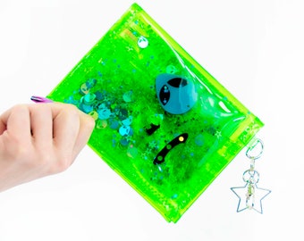 Liquid Glitter Mini wallet - Out of this World - Alien Wallet - Neon Wallet - Green Wallet - UFO - Star Wallet - Jelly Wallet - Vinyl Wallet