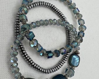 Aqua Blue Shimmer Bracelet perlé à facettes Trio