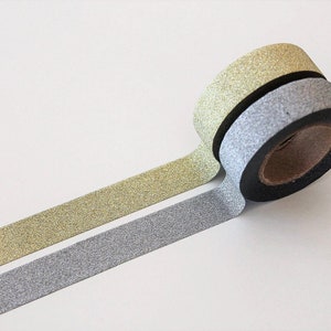 Taśma washi z brokatem w kolorze złotym / srebrnym - taśma washi z brokatem, 15 mm x 10 m washi, akcesoria do planerów, rękodzieło, scrapbooking, planowanie, tworzenie kartek