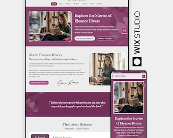 May include: Website design for author E. Rivers, featuring a woman reading. The site has a purple and white colour scheme, with sections for books, events, and a journal. The text reads "Explore the Stories of Eleanor Rivers."