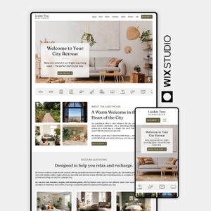 Puede incluir: Diseño web para Linden Tree Guesthouse, que se muestra en un ordenador de sobremesa y un dispositivo móvil. El diseño presenta el texto "Welcome to Your City Retreat" y "Book Your Stay". El sitio web tiene una estética moderna y acogedora con una paleta de colores neutros y detalles en madera natural.