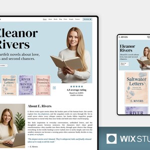 May include: A website design for author Eleanor Rivers, with a light blue header displaying the author's name and a photo of the author holding a book. The site showcases book covers and reader reviews.