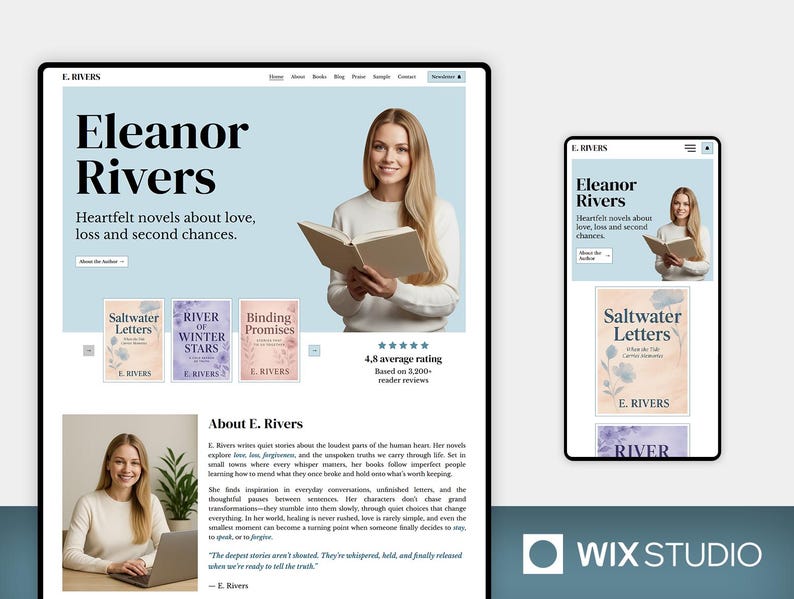 May include: A website design for author Eleanor Rivers, with a light blue header displaying the author's name and a photo of the author holding a book. The site showcases book covers and reader reviews.