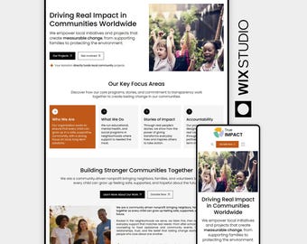 May include: A website design with the "True Impact" logo and the headline "Driving Real Impact in Communities Worldwide." The design includes images of children, text, and a mobile view of the website. The site promotes community initiatives.