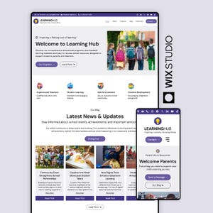 May include: A website design for Learning Hub, showcasing educational resources. The design features a desktop and mobile view, with sections for programs, news, and parent resources. The color scheme is primarily white and purple, with images of students.