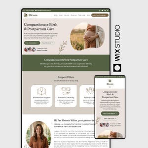 Könnte beinhalten: Ein Website-Design für Bloom, einen Dienst für einfühlsame Geburts- und Wochenbettpflege. Das Design zeigt eine Desktop- und mobile Ansicht mit Text und Bildern, die Dienstleistungen und Beratungen bewerben. Das Farbschema ist weich und einladend.