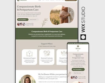 Puede incluir: Diseño web para Bloom, un servicio de atención compasiva al parto y posparto. El diseño presenta una vista de escritorio y móvil, con texto e imágenes que promocionan servicios y consultas. La combinación de colores es suave y acogedora.
