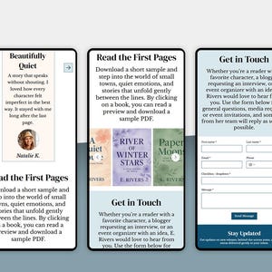 May include: A sequence of mobile device screens showcasing book-related content. The screens include text, book covers, and forms for contact and updates. The design uses a predominantly blue and white colour scheme.