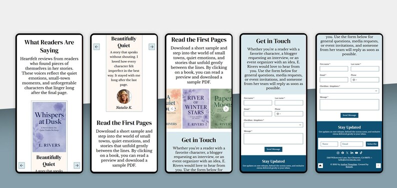 May include: A sequence of mobile device screens showcasing book-related content. The screens include text, book covers, and forms for contact and updates. The design uses a predominantly blue and white colour scheme.