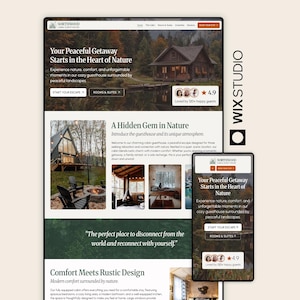 May include: A website design for Northwood Cabin Guesthouse, showcasing a cabin in a natural setting. The design includes the text "Your Peaceful Getaway Starts in the Heart of Nature" and a mobile view.