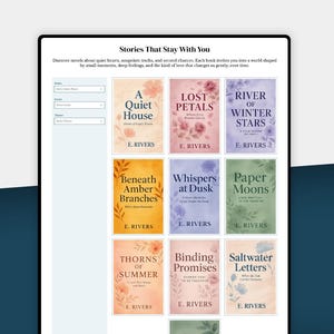 May include: A webpage showcasing book covers, including "A Quiet House" and "Lost Petals." The covers have floral designs and the author's name, E. Rivers. The page is headed "Stories That Stay With You." The description mentions novels about quiet hearts.