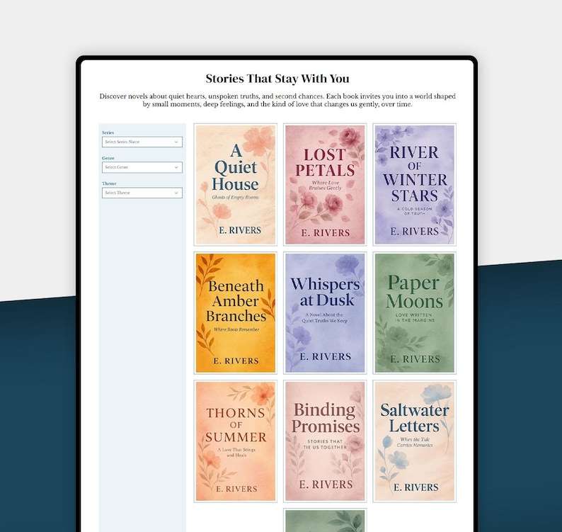 May include: A webpage showcasing book covers, including "A Quiet House" and "Lost Petals." The covers have floral designs and the author's name, E. Rivers. The page is headed "Stories That Stay With You." The description mentions novels about quiet hearts.