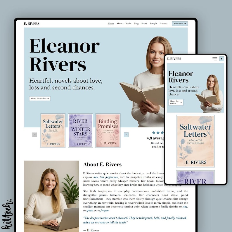 May include: A website design for author Eleanor Rivers, with a light blue and white colour scheme. The site showcases book covers for "Saltwater Letters", "River of Winter Stars", and "Binding Promises". The text reads "Heartfelt novels about love, loss and second chances."