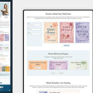 May include: Website design showcasing book covers for "A Quiet House", "Lost Petals", and "River of Winter Stars" by E. Rivers. The page includes text: "Stories That Stay With You" and "Notes Between Pages".
