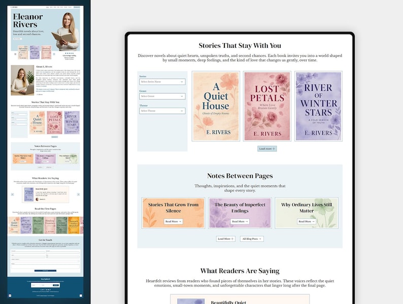 May include: Website design showcasing book covers for "A Quiet House", "Lost Petals", and "River of Winter Stars" by E. Rivers. The page includes text: "Stories That Stay With You" and "Notes Between Pages".