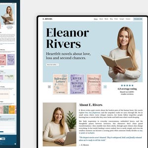 May include: Website design for author Eleanor Rivers, featuring a woman holding a book. The site showcases book covers for "Saltwater Letters," "River of Winter Stars," and "Binding Promises." The site includes the text "Heartfelt novels about love, loss and second chances."