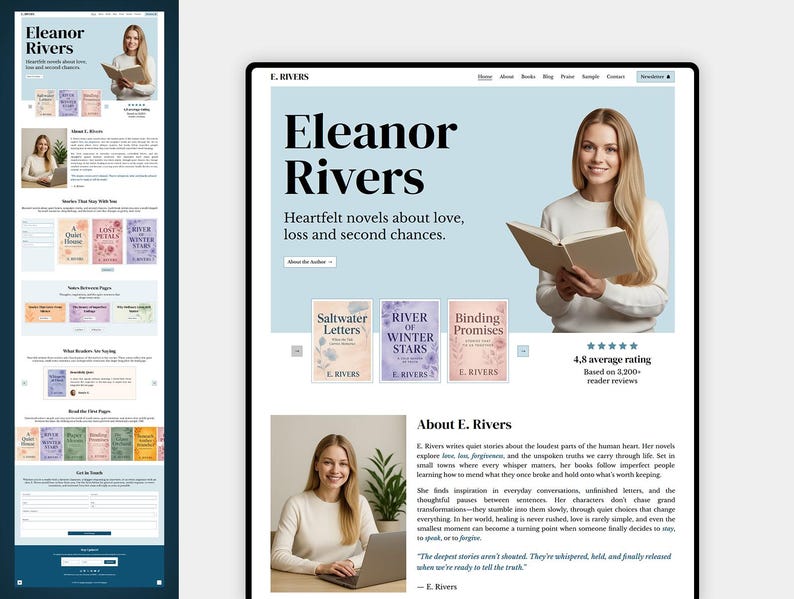 May include: Website design for author Eleanor Rivers, featuring a woman holding a book. The site showcases book covers for "Saltwater Letters," "River of Winter Stars," and "Binding Promises." The site includes the text "Heartfelt novels about love, loss and second chances."