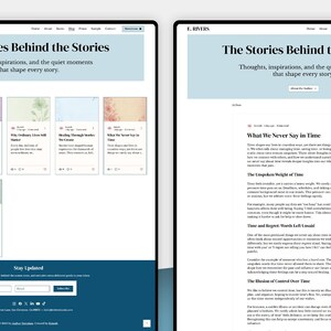 May include: A website design with a light blue header displaying "The Stories Behind the Stories." The site showcases blog posts with titles and excerpts, and a section to stay updated. The design is clean and modern, with a focus on content and a user-friendly layout.