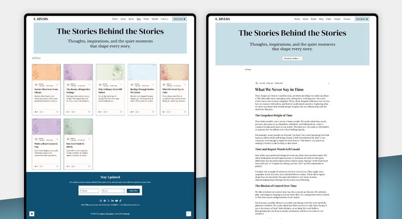 May include: A website design with a light blue header displaying "The Stories Behind the Stories." The site showcases blog posts with titles and excerpts, and a section to stay updated. The design is clean and modern, with a focus on content and a user-friendly layout.