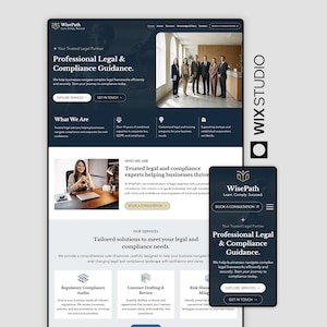 Könnte beinhalten: Ein Website-Design für WisePath, einen Rechts- und Compliance-Dienst. Das Design zeigt eine Desktop- und Mobilansicht, die die Dienstleistungen und das Team des Unternehmens präsentiert. Das Farbschema ist hauptsächlich Weiß und Blau, mit einer professionellen und modernen Ästhetik.