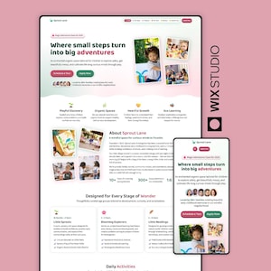 May include: A website design for Sprout Lane featuring a white background with green and pink accents. The layout includes text headers like Where small steps turn into big adventures, sections for Playful Discovery, Organic Spaces, and program details.