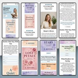May include: A collection of mobile phone screen displays promoting books by E. Rivers. The screens show book covers, including "Saltwater Letters" and "Stars," along with author details and reader ratings. The overall theme is literary.