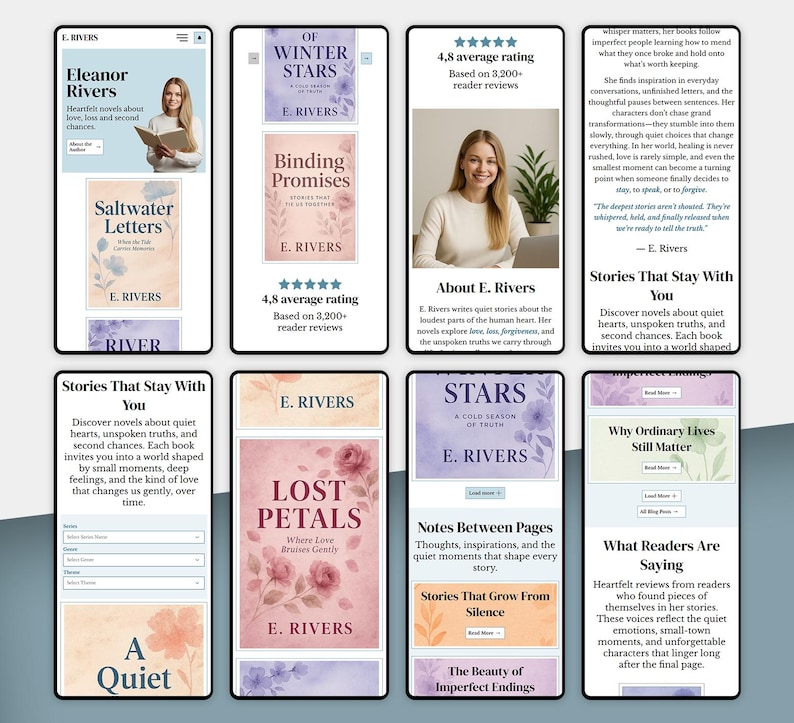 May include: A collection of mobile phone screen displays promoting books by E. Rivers. The screens show book covers, including "Saltwater Letters" and "Stars," along with author details and reader ratings. The overall theme is literary.