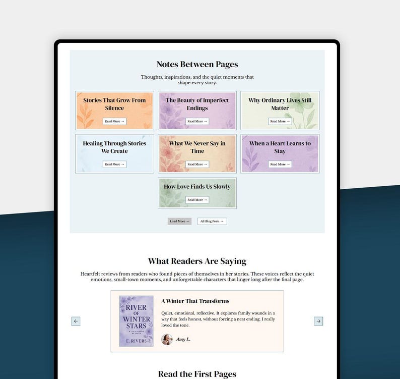 May include: A website layout with the heading "Notes Between Pages" and blog post titles such as "Stories That Grow From Silence" and "The Beauty of Imperfect Endings." A book cover is shown with the title "River of Winter Stars."