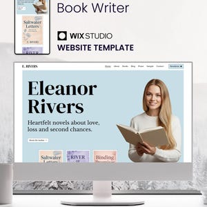 May include: A Wix Studio website template for an author and book writer, featuring a desktop and mobile layout display. The design includes the name Eleanor Rivers, book titles like Saltwater Letters, and a navigation menu on a light blue background.