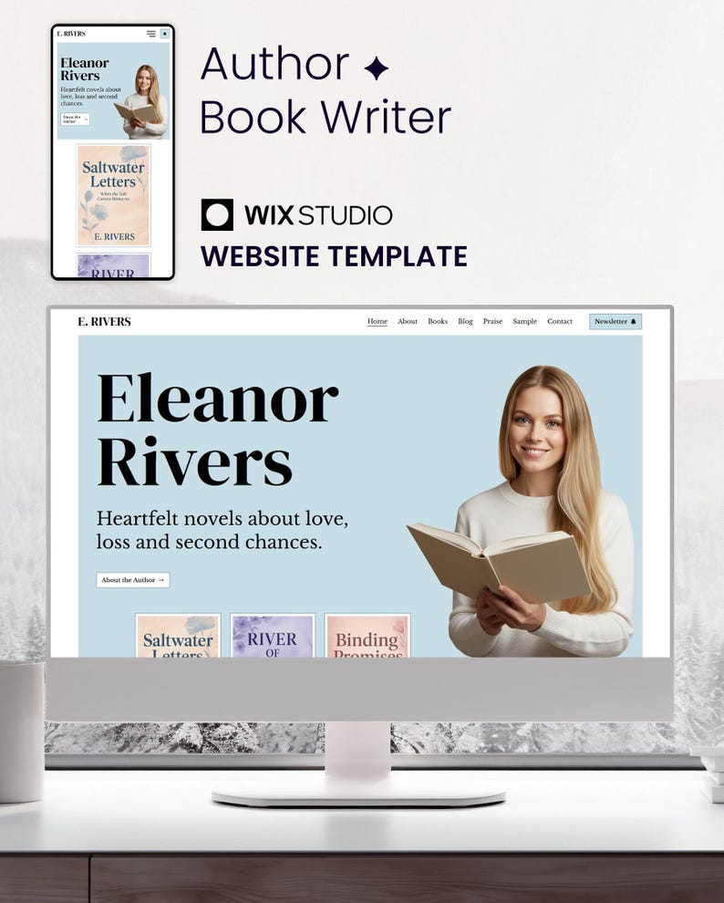 May include: A Wix Studio website template for an author and book writer, featuring a desktop and mobile layout display. The design includes the name Eleanor Rivers, book titles like Saltwater Letters, and a navigation menu on a light blue background.