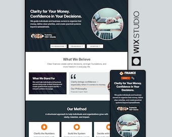 May include: A website design for a finance company, featuring a dark teal and white color scheme. The site's headline reads "Clarity for Your Money. Confidence in Your Decisions." The design includes a mobile view and the Wix Studio logo.