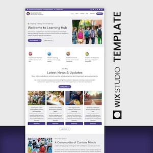 Puede incluir: Una plantilla de sitio web para Learning Hub, con un diseño limpio en colores púrpura y blanco. La página de inicio incluye secciones para programas, noticias e información sobre la escuela, con imágenes de estudiantes y maestros.