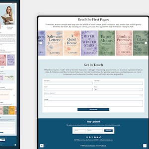 May include: A website design for author Eleanor Rivers, displaying book covers such as "Saltwater Letters" and "A Quiet House." The site includes a contact form and a section for users to subscribe for updates and news.