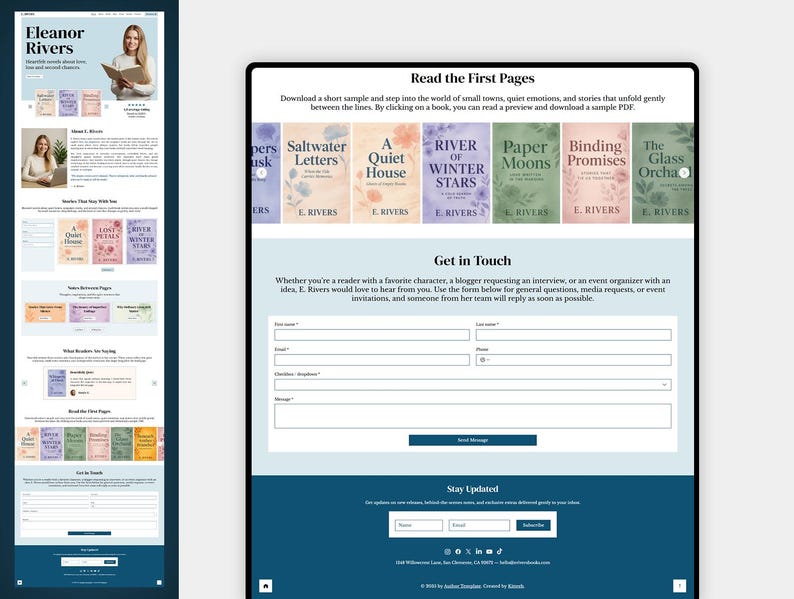 May include: A website design for author Eleanor Rivers, displaying book covers such as "Saltwater Letters" and "A Quiet House." The site includes a contact form and a section for users to subscribe for updates and news.