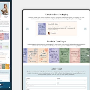 May include: A website interface for author Eleanor Rivers featuring a book collection with titles like Whispers at Dusk, Saltwater Letters, A Quiet House, River of Winter Stars, Paper Moons, Binding Promises, and The Glass Orchard with a contact form.