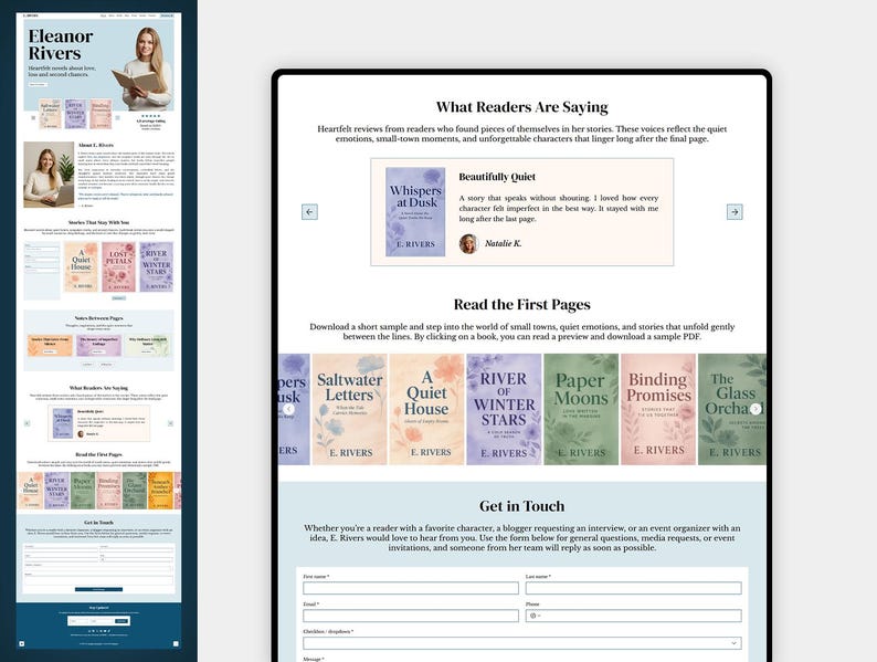 May include: A website interface for author Eleanor Rivers featuring a book collection with titles like Whispers at Dusk, Saltwater Letters, A Quiet House, River of Winter Stars, Paper Moons, Binding Promises, and The Glass Orchard with a contact form.