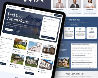 May include: A tablet displays a real estate website with property listings and a form to request a callback. The website features images of houses for sale and information about agents and services. The Wix logo is at the top.