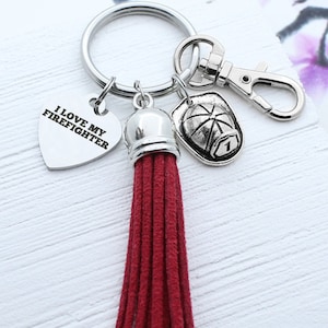 Firefighter Charm Keychain, Fire Fighter Suede Tassel Keychain, I Love My Firefighter, Gift for Firefighters Wife, Belongs to Firefighter