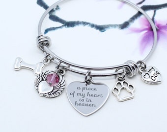 Gepersonaliseerde Pet Memorial sieraden, een stukje van mijn hart is in de hemel, ik hou van mijn hond sympathie Charm Bangle armband, verlies van een huisdier hondenliefhebber