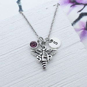 May include: Silver necklace with a caduceus charm that says "SLP" and a small purple crystal charm. The necklace also has a small silver charm with the letter "S" on it.