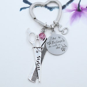 Hairstylist Keychain, Personalized Scissors Comb Key Chain, Cosmetology Gift Idea for Hair Stylist, Hairdresser Accessory, She Believed