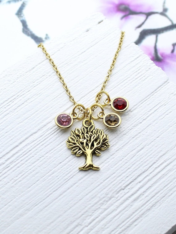 Family Tree Birthstone Necklace, Tree of Life Charm Jewelry