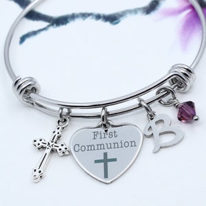 First Communion Bracelet, Gift for Goddaughter, Personalized First Communion Bangle Bracelet with Charms, First Communion Jewelry, Silver