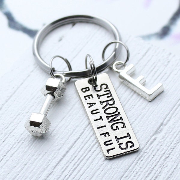 Strong is Beautiful Keychain, Dumbbell Charm Key Chain, Gift for Trainer, Motivation Accessory, Exercise, Gym, Fitness, Work out Key Ring