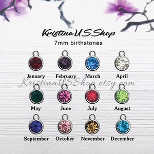 May include: A collection of 7mm birthstone charms in various colors, each with a silver-colored loop. The months of the year are labeled below each charm. The shop name "Kristina US Shop" and the Etsy shop URL are also visible.