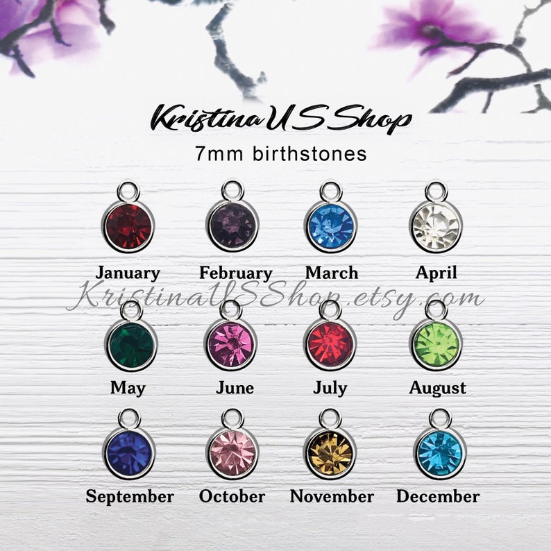 May include: A collection of 7mm birthstone charms in various colors, each with a silver-colored loop. The months of the year are labeled below each charm. The shop name "Kristina US Shop" and the Etsy shop URL are also visible.
